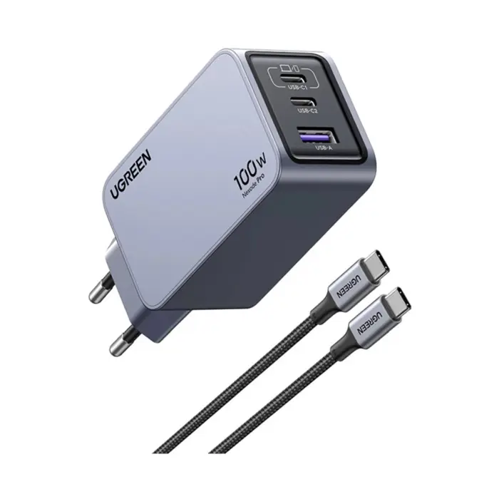 UGREEN Nexode Pro Mini FC, 100W, 2x USB-C, USB-A, USB-C kabel, GaN, sivi