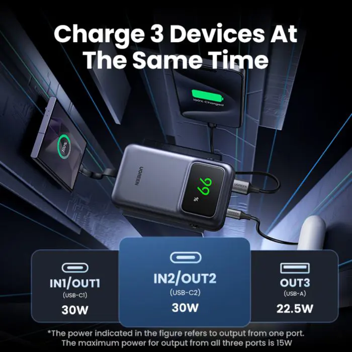 Ugreen Uno 10,000mAh 30w QC rechargeable portable battery with built-in USB-C cable