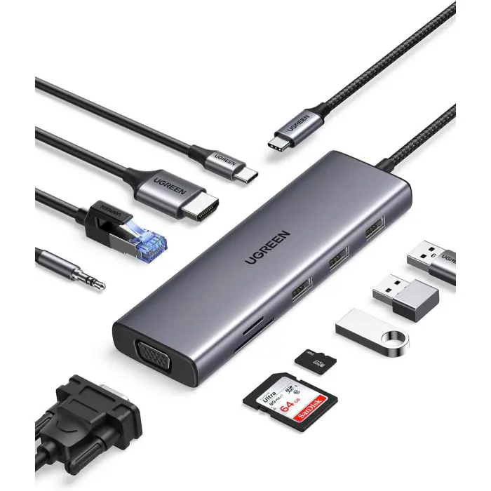 UGREEN USB C Hub, 10-in-1 USB-C with dual output for 4K HDMI & VGA, 100W PD.