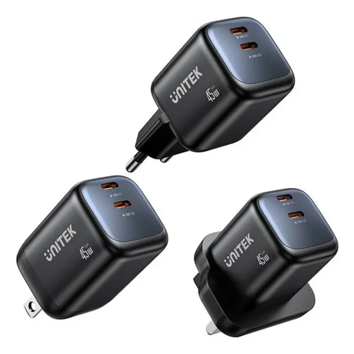 UNITEK WALL CHARGER 2X GAN 45W, 2XUSB-C PD 3.0, QC