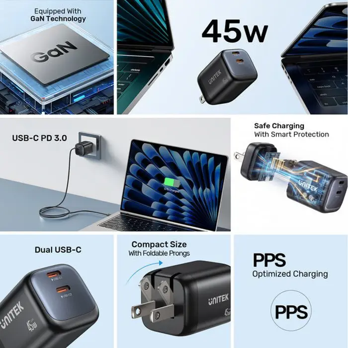 UNITEK WALL CHARGER 2X GAN 45W, 2XUSB-C PD 3.0, QC