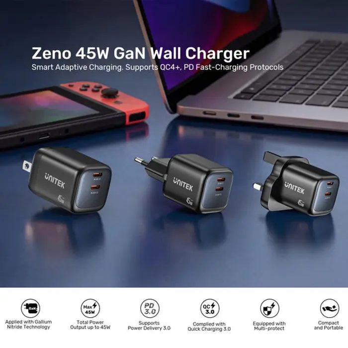UNITEK WALL CHARGER 2X GAN 45W, 2XUSB-C PD 3.0, QC