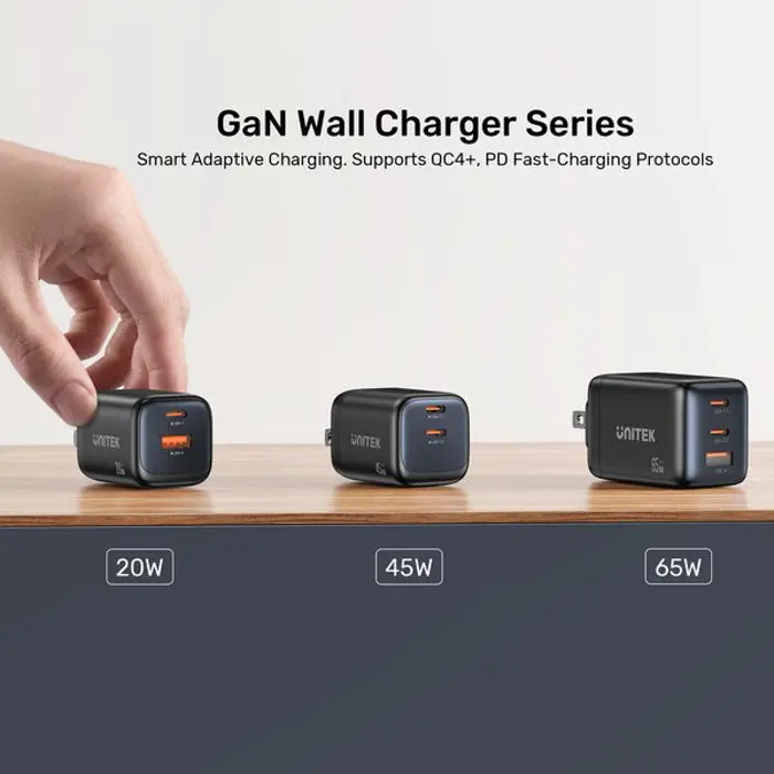 UNITEK WALL CHARGER 2X GAN 45W, 2XUSB-C PD 3.0, QC