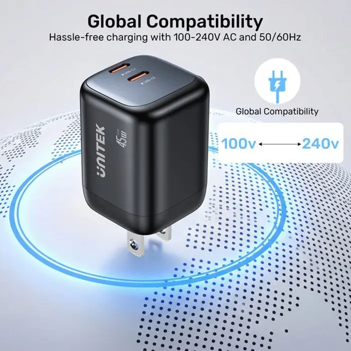 UNITEK WALL CHARGER 2X GAN 45W, 2XUSB-C PD 3.0, QC