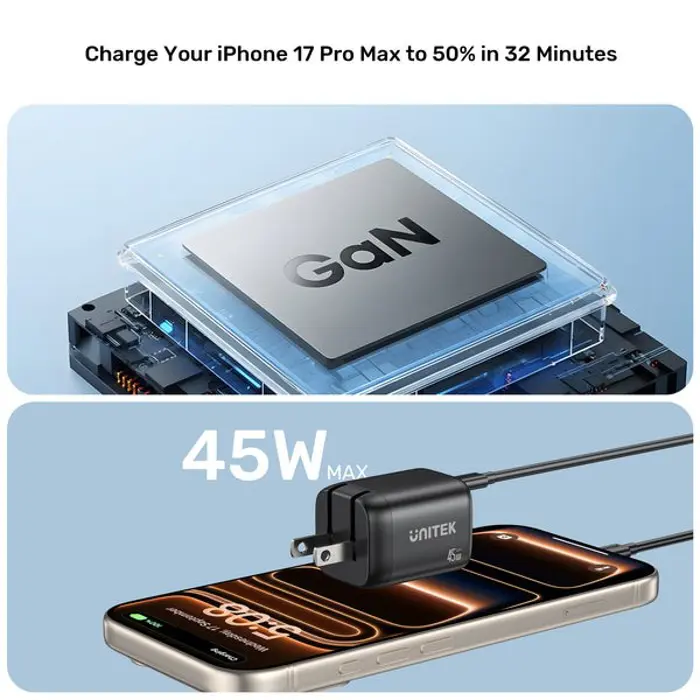 UNITEK WALL CHARGER 2X GAN 45W, 2XUSB-C PD 3.0, QC