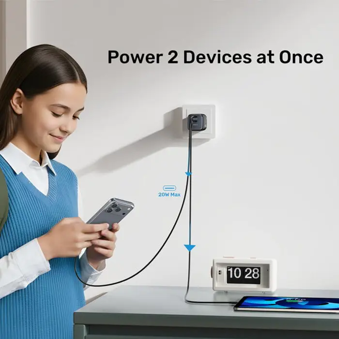 UNITEK WALL CHARGER 2X GAN 45W, 2XUSB-C PD 3.0, QC