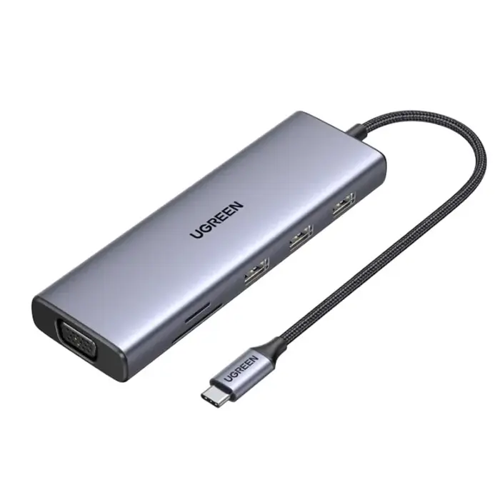 USB HUB UGREEN, USB-C na 3xUSB 3.0 A, VGA, HDMI, RJ45 Gigabit, SD/TF, PD,3.5mm sivi