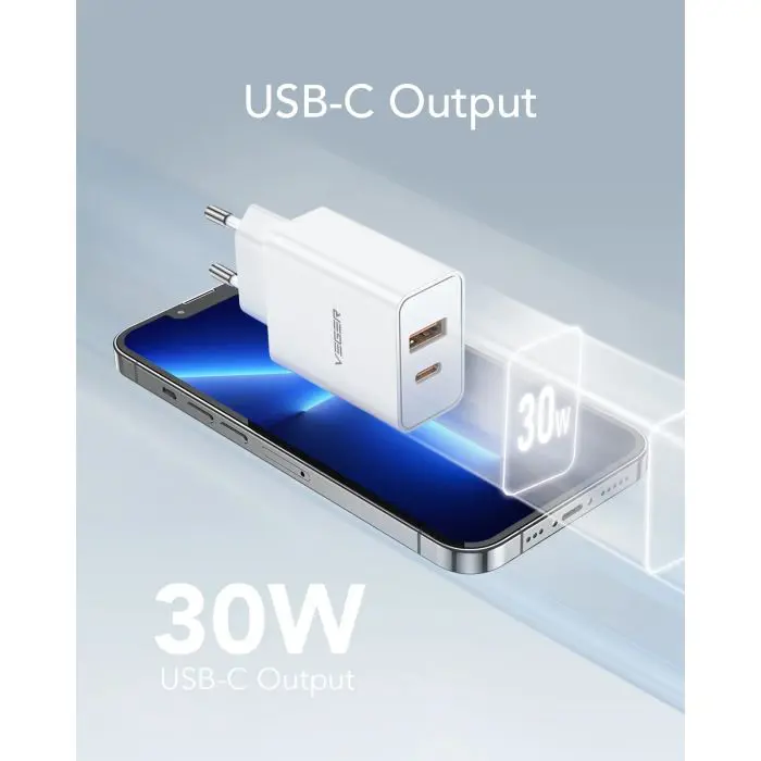 VEGER VLS302U 2-port charger, USB-A/USB-C, QC3.0/PD3.0, white.