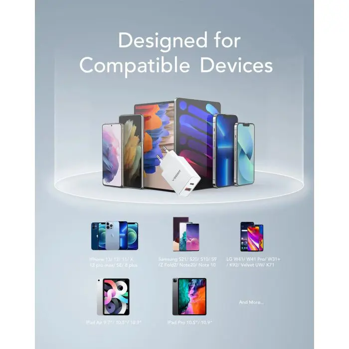 VEGER VLS302U 2-port charger, USB-A/USB-C, QC3.0/PD3.0, white.