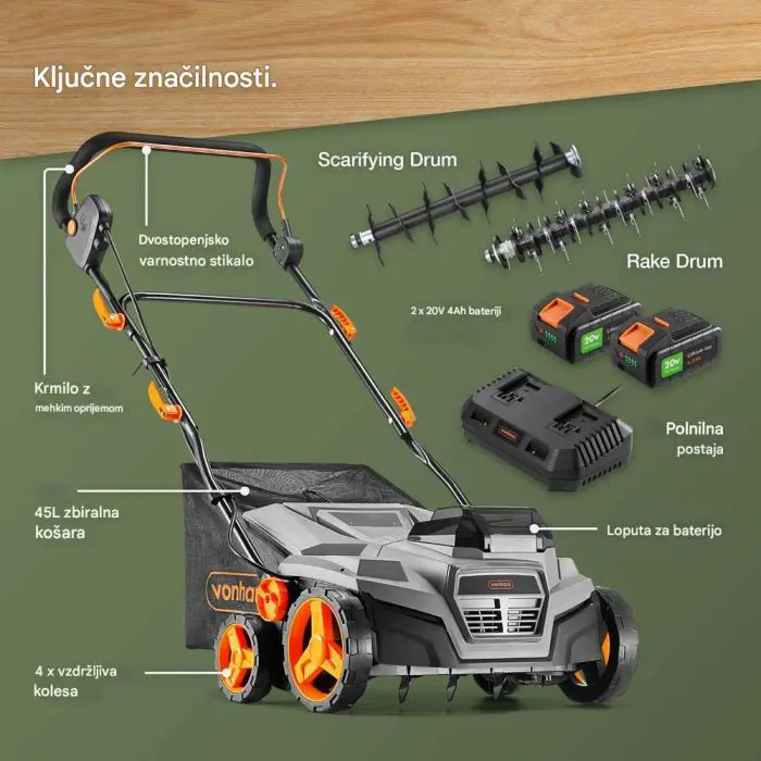 VonHaus 2-v-1 brezžični prezračevalnik in vertikulator za trato, 40 V