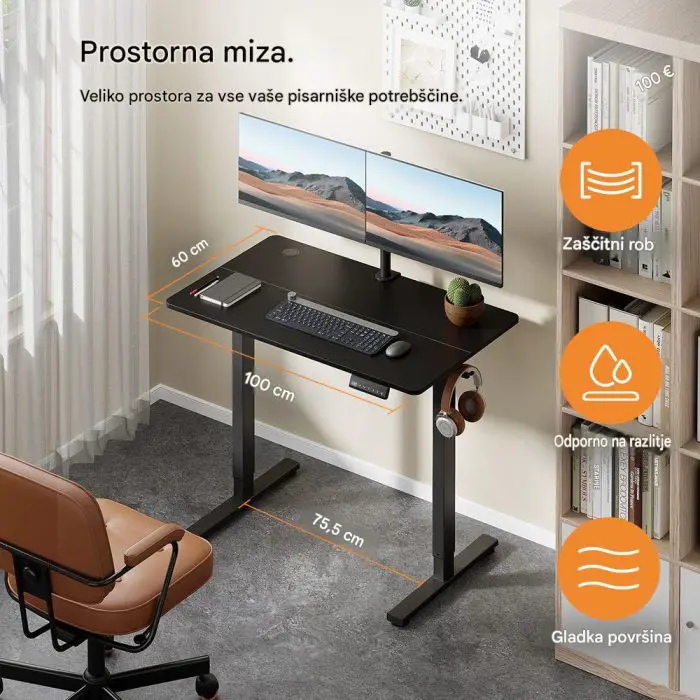 VonHaus barva svetel les električno nastavljiva dvižna pisalna miza 100 × 60 cm z USB-C polnilnim priključkom