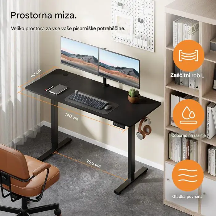VonHaus Bela električno nastavljiva dvižna pisalna miza 140 × 60 cm z USB-C polnilnim priključkom