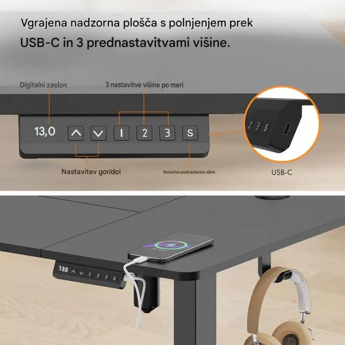 VonHaus Črna električno nastavljiva dvižna pisalna miza 140 × 60 cm z USB-C polnilnim priključkom