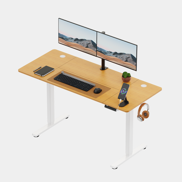 VonHaus Električna dvižna pisalna miza 140 × 60 belo podnožje z javorjevo del. ploščo, USB-C polnilni priključek
