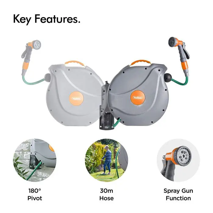 VonHaus wall hose holder 30m auto Roll-Up 8-function spray gun